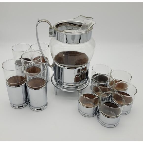 1950s Mid Century Modern Insulated Chrome Hellerware Pitcher & Glass Set MCM - Picture 1 of 16